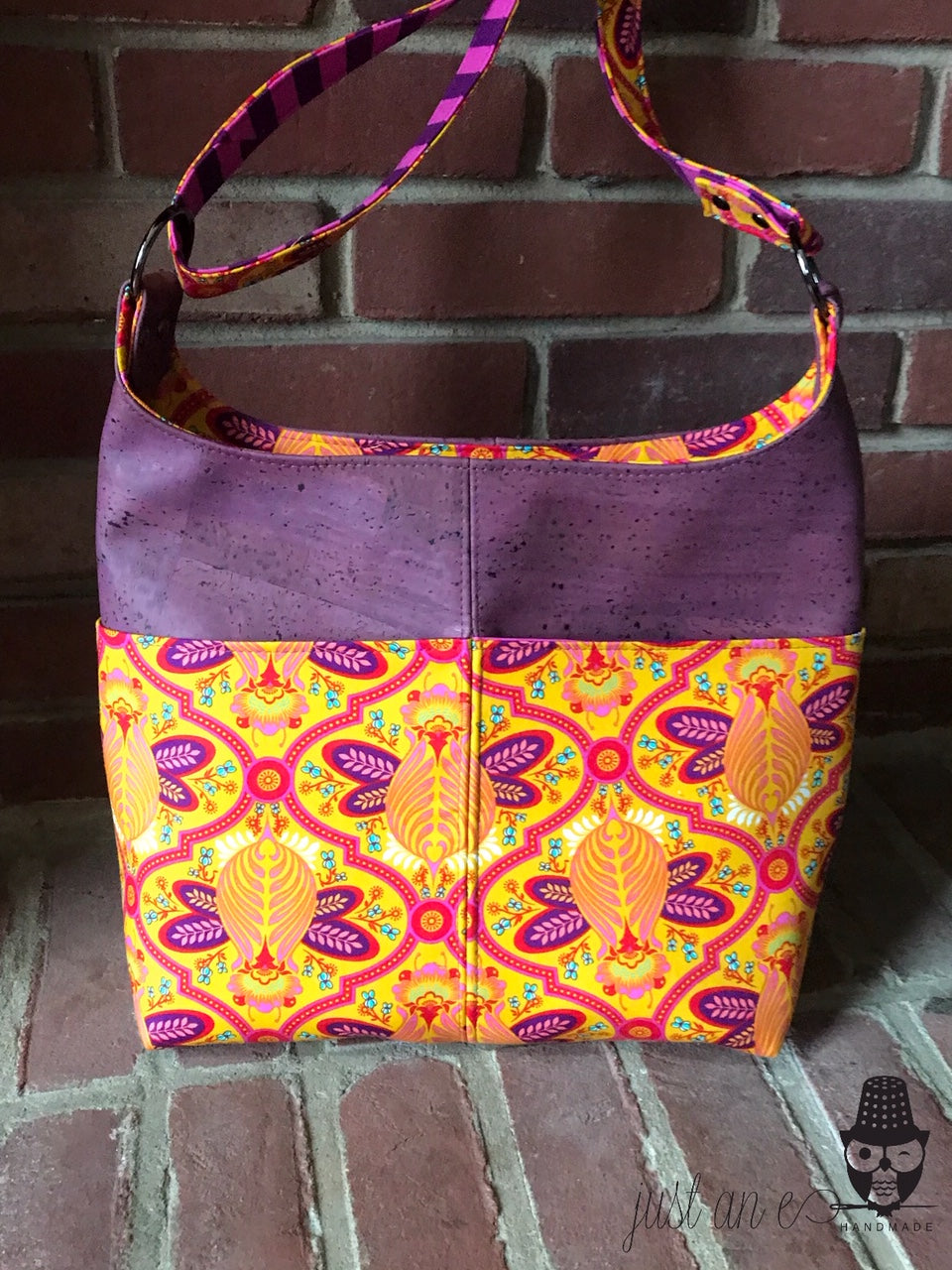 The Ring Sling PDF Bag Sewing Pattern geometric yellow and purple fabric 