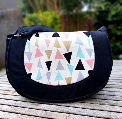 The Sassy Saddlebag PDF Sewing Pattern geometric fabric with black fabric 