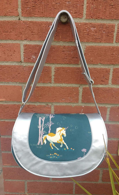 The Sassy Saddlebag PDF Sewing Pattern unicorn fabric with silver trim 