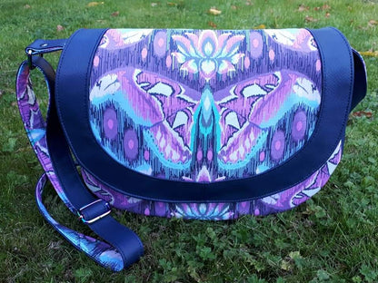 The Sassy Saddlebag PDF Sewing Pattern butterfly fabric with purple trim 