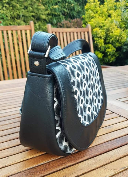 The Sassy Saddlebag PDF Sewing Pattern  black and white geometric fabric 