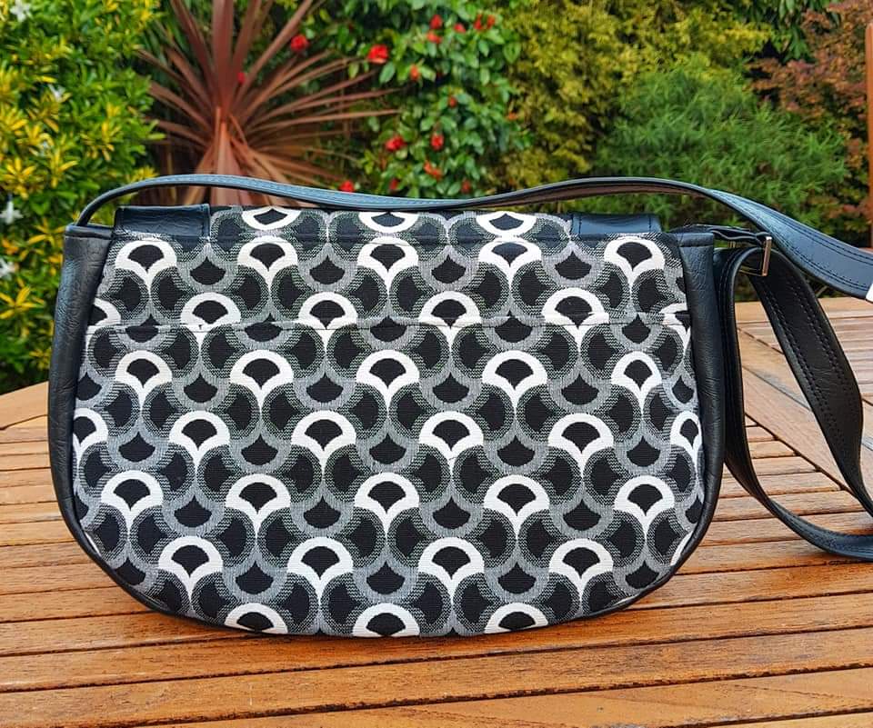 The Sassy Saddlebag PDF Sewing Pattern black and white fabric back view 