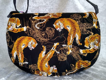 The Sassy Saddlebag PDF Sewing Pattern tiger print fabric front view 