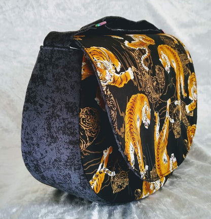 The Sassy Saddlebag PDF Sewing Pattern side view of tiger fabric 