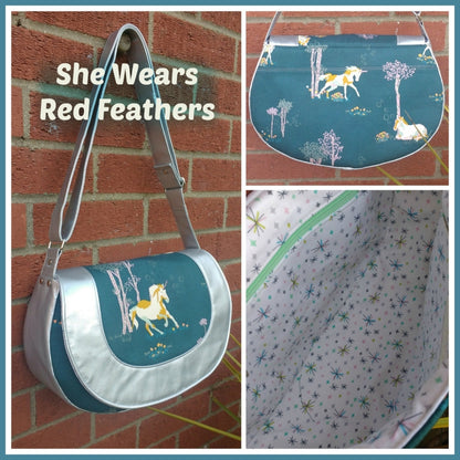 The Sassy Saddlebag PDF Sewing Pattern unicorn print fabric collage 