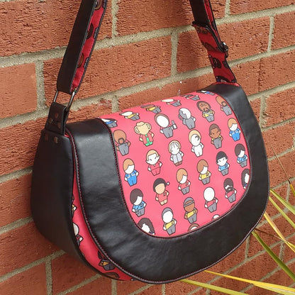 The Sassy Saddlebag PDF Sewing Pattern people print fabric front view 