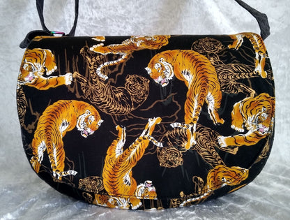 The Sassy Saddlebag PDF Sewing Pattern tiger print fabric font of bag 