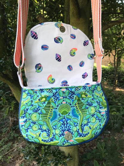 The Sassy Saddlebag PDF Sewing Pattern  seahorse and shell fabric 