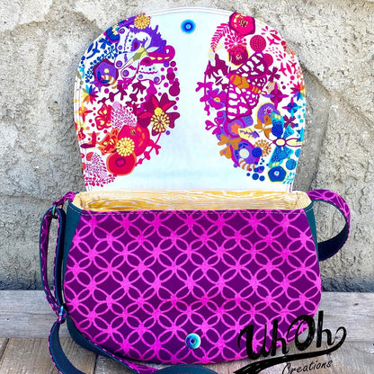 The Sassy Saddlebag PDF Sewing Pattern geometric fabric, with floral interior 