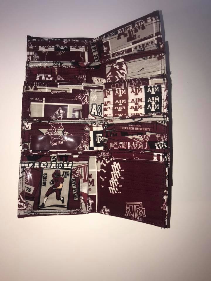 The gentlemans wallet sewing pattern, american football theme fabric