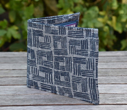 The gentlemans wallet sewing pattern, striped grey and blue fabric exterior 